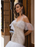 Luxury Cold Shoulder Beaded Ivory Tulle Wedding Dress